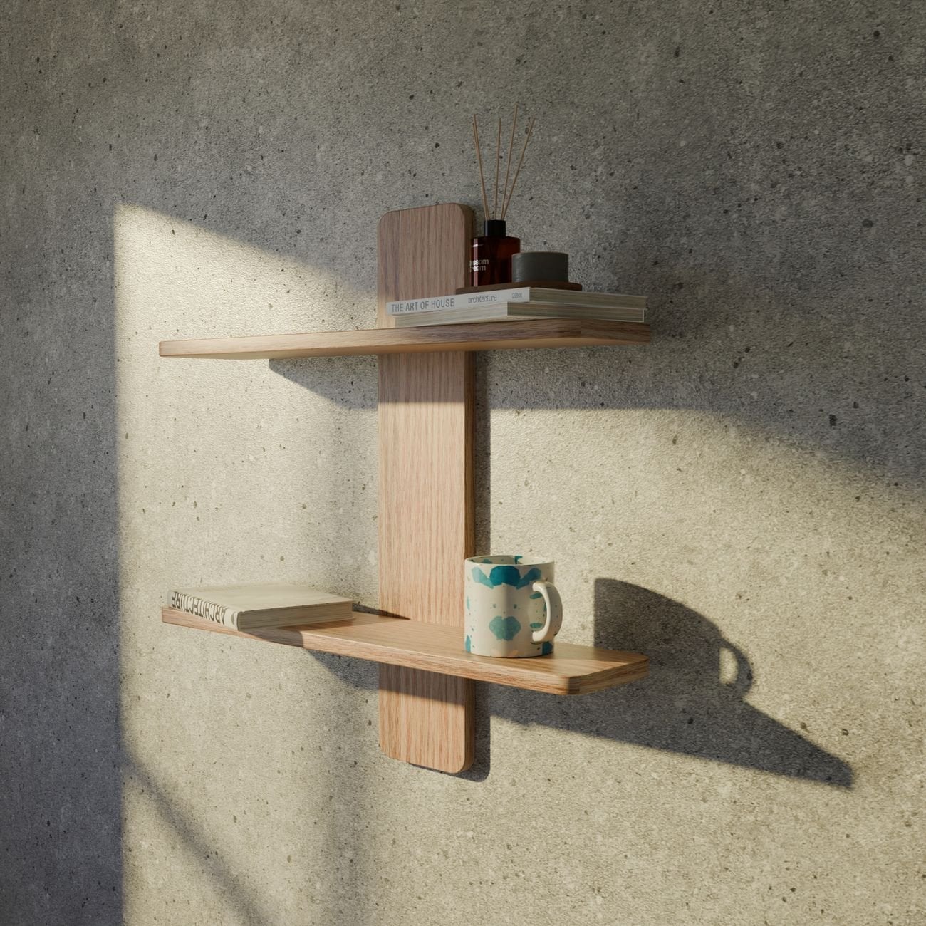 Modern wooden wall shelf with books and mug — home decor